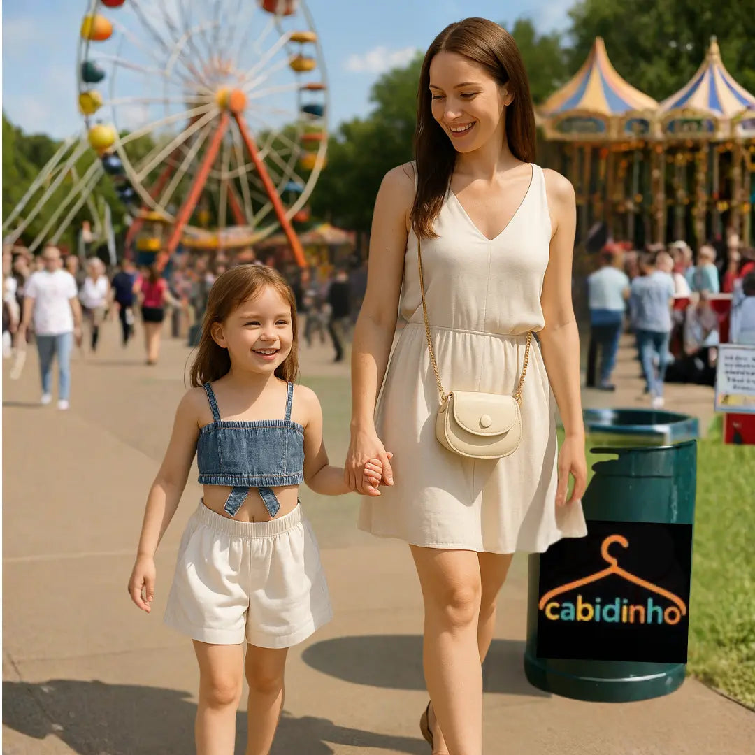 Conjunto de Top Jeans de Alça + Shorts Saia Infantil - Jussy