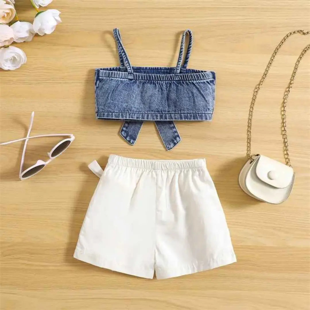 Conjunto de Top Jeans de Alça + Shorts Saia Infantil - Jussy
