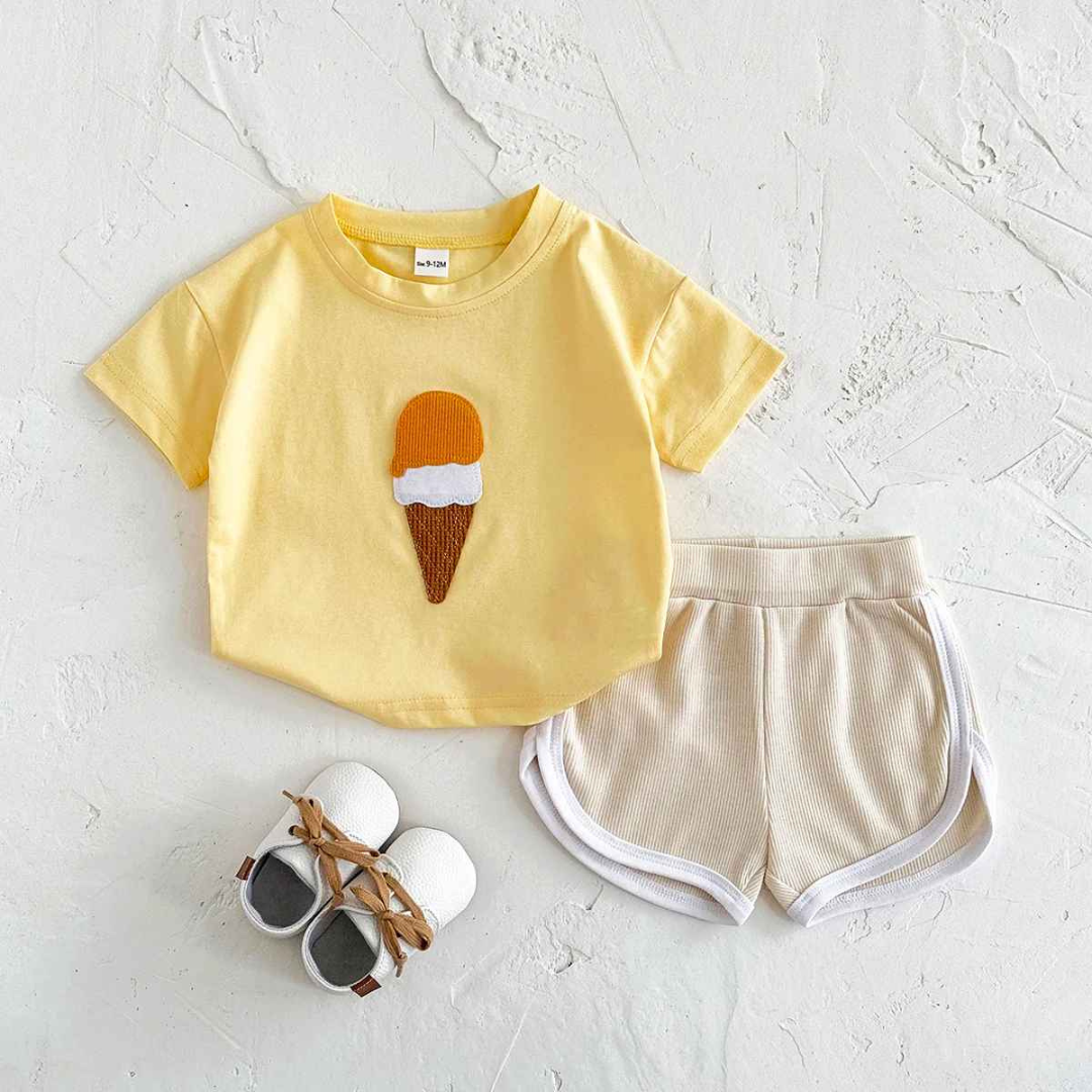 Conjunto Lazer Bebê Bordado Sorvete Camisa + Shorts 2 Peças - Ruthammy