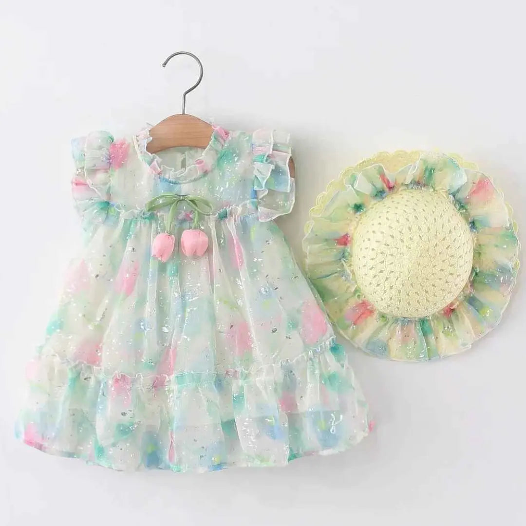 Conjuntos  Vestido Casual Sem Mangas Estampado + Chapéu - Maria Alice