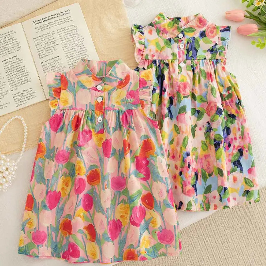Vestido Floral de Verão Sem Mangas com Babados - Flor