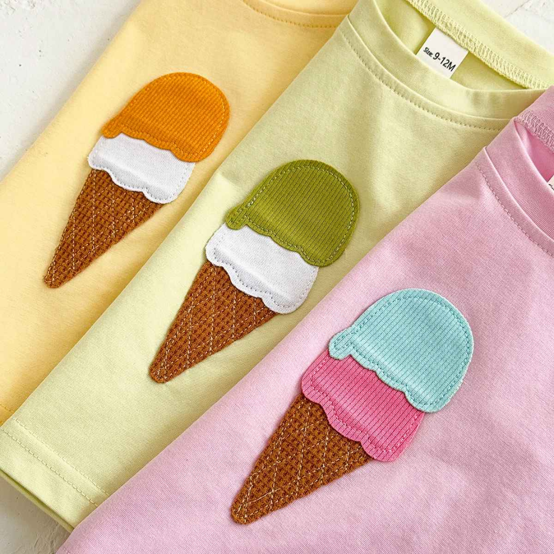 Conjunto Lazer Bebê Bordado Sorvete Camisa + Shorts 2 Peças - Ruthammy