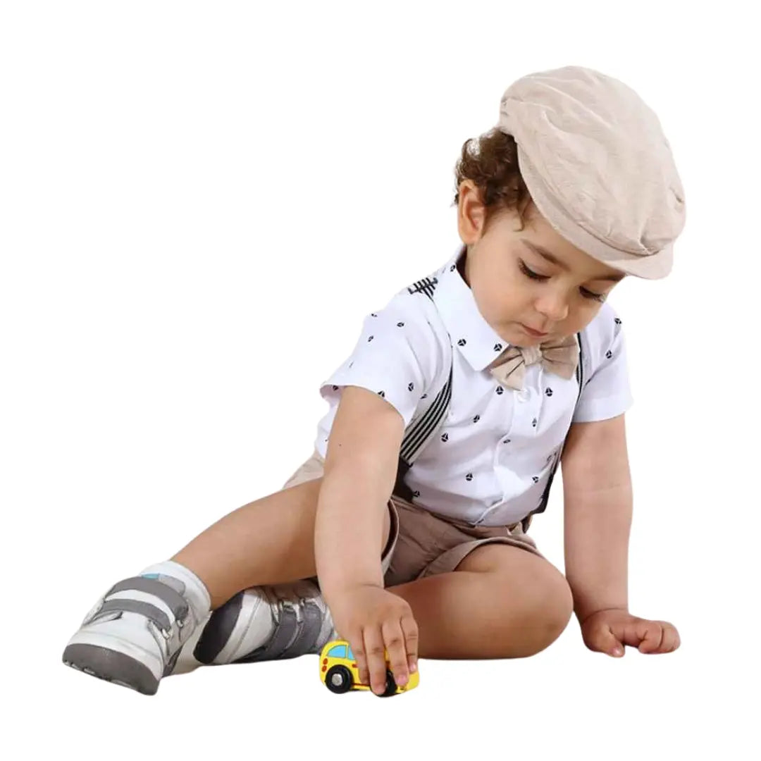 Conjunto de Roupas Social Bebê Camisa + Bermuda + Suspensorio e Chapéu - Henrikin