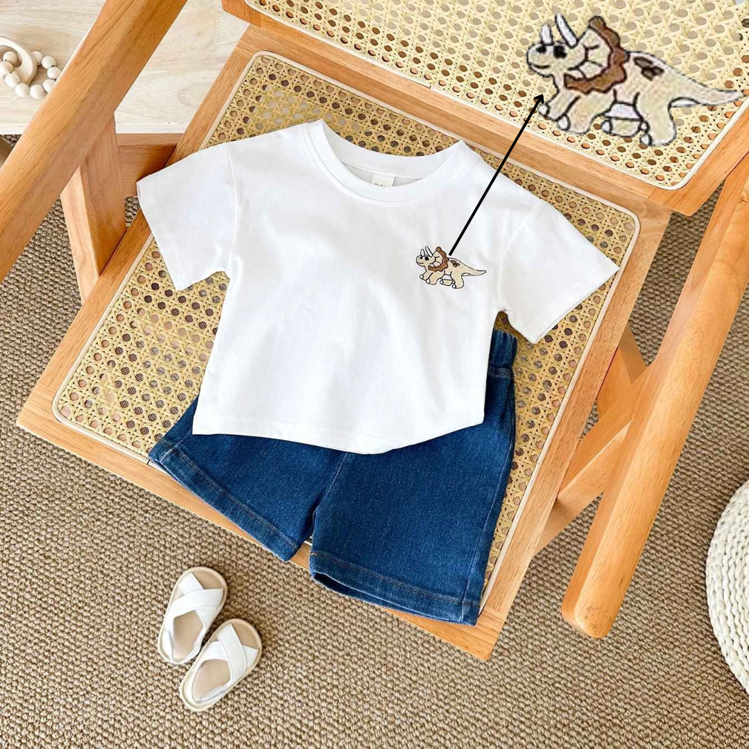 Conjuntos de Verão Camiseta Bordada de Dinossauro  2 peças - Saffari2