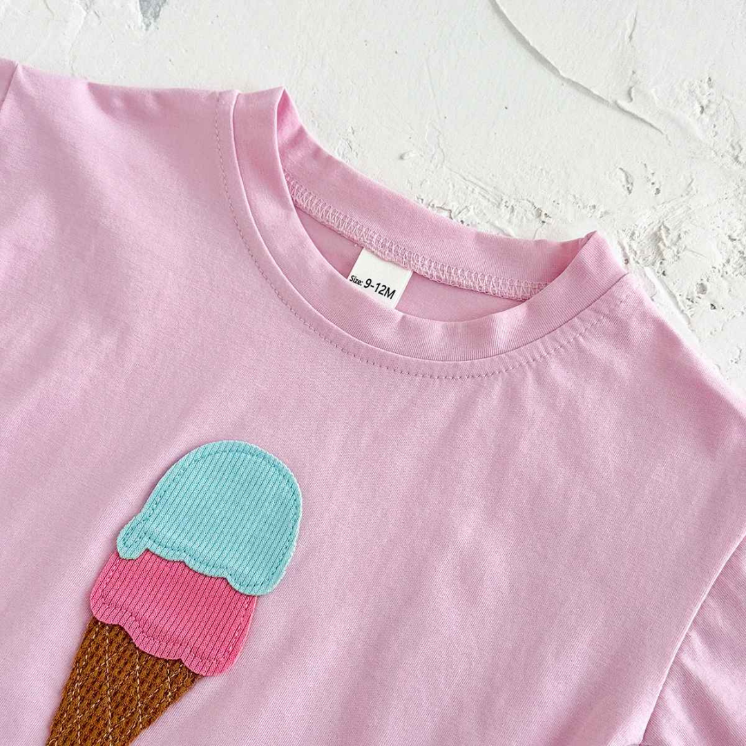 Conjunto Lazer Bebê Bordado Sorvete Camisa + Shorts 2 Peças - Ruthammy