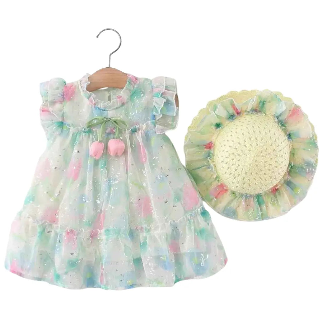 Conjuntos  Vestido Casual Sem Mangas Estampado + Chapéu - Maria Alice