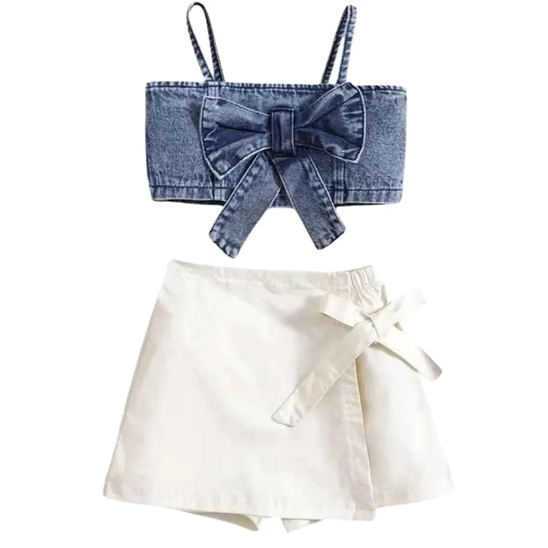 Conjunto de Top Jeans de Alça + Shorts Saia Infantil - Jussy