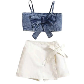 Conjunto de Top Jeans de Alça + Shorts Saia Infantil - Jussy