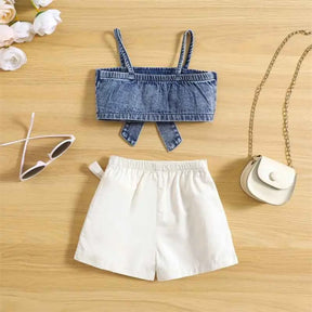 Conjunto de Top Jeans de Alça + Shorts Saia Infantil - Jussy