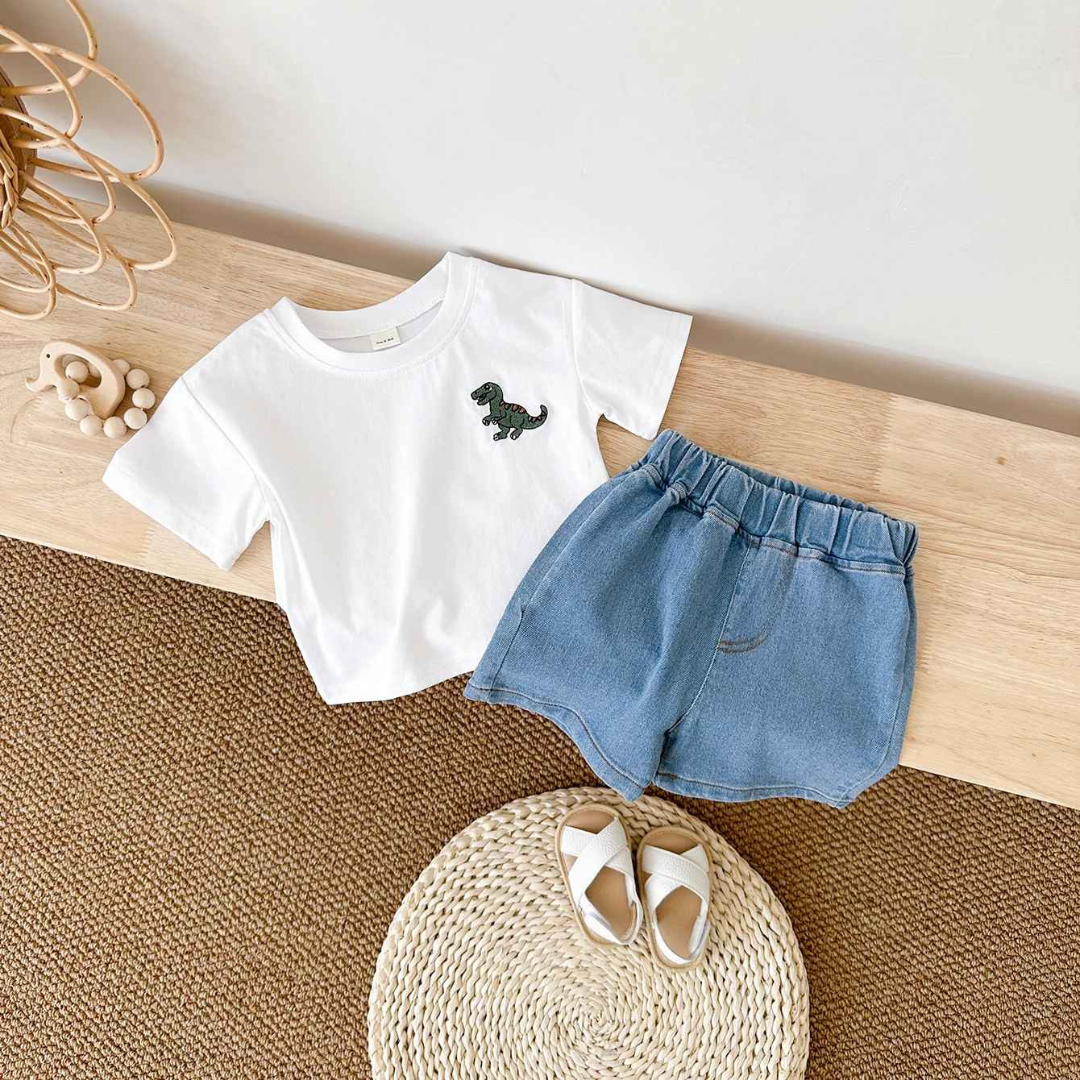 Conjuntos de Verão Camiseta Bordada de Dinossauro  2 peças - Saffari2