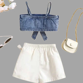Conjunto de Top Jeans de Alça + Shorts Saia Infantil - Jussy
