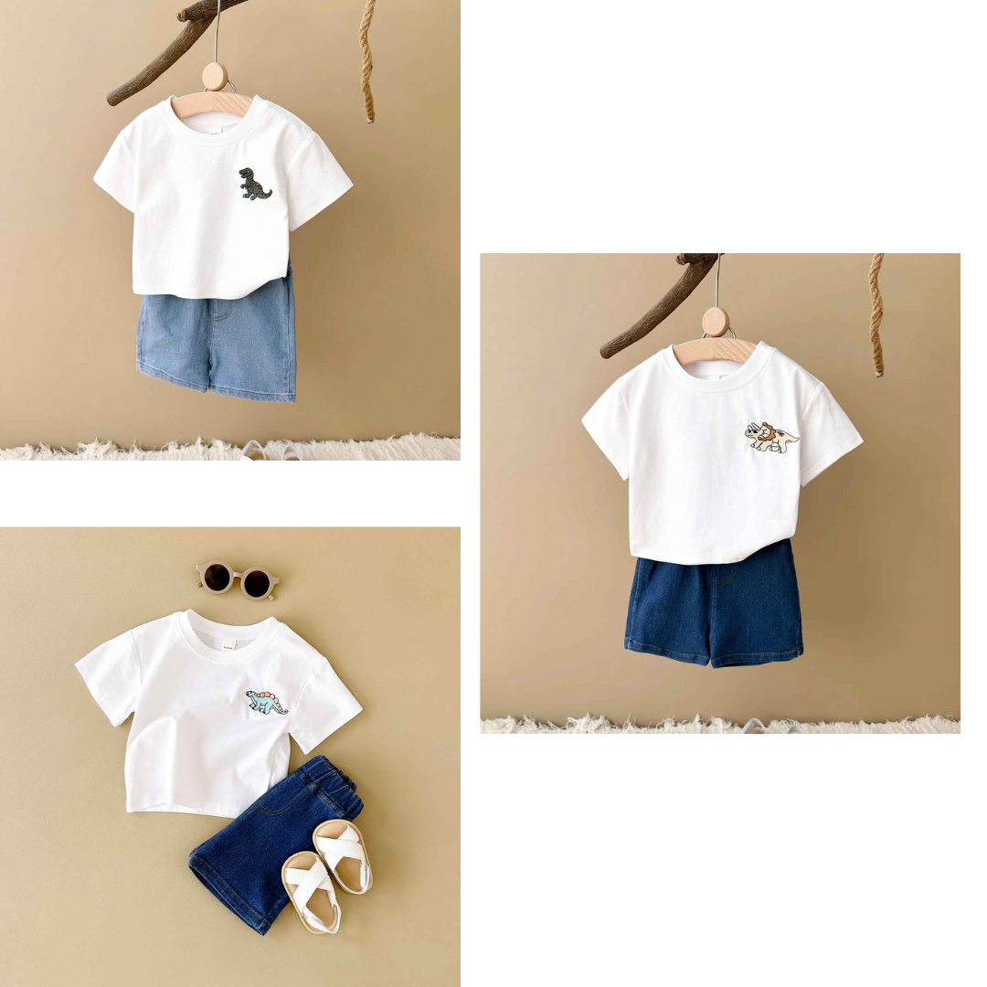 Conjuntos de Verão Camiseta Bordada de Dinossauro  2 peças - Saffari2